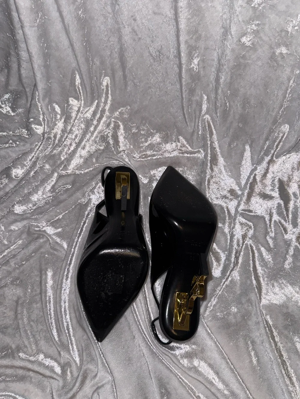 Saint Laurent Black Patent Slingback Pumps with Gold YSL Heel
